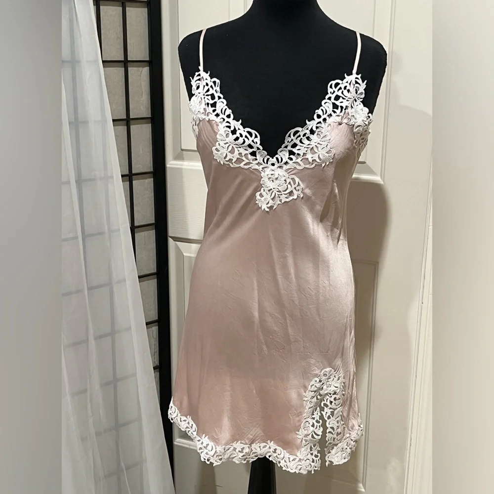 THXSILK Silky Blush Pink Lace Trim Slip SILK Dress women SIZE 8/10